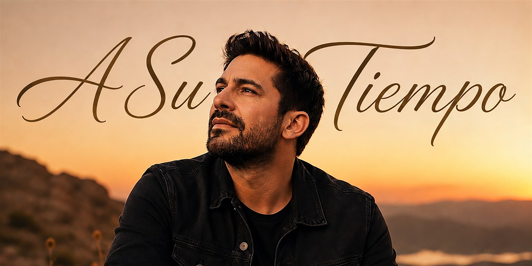 Música Cristiana IA en la portada de A Su Tiempo, frente a un paisaje al atardecer